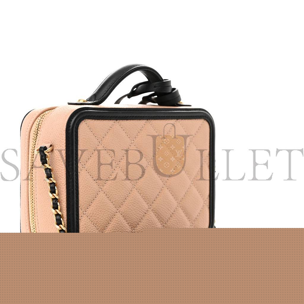 Ch*el caviar quilted small filigree vanity case beige black (16*13*7cm)